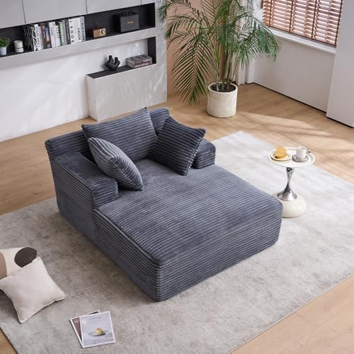 Image of Oversized Chaise Longue Chair Indoor, Upholstered Corduroy Deep Seat Sofa Bed with Throw Pillows and Armrests, Sleeper Sofa Couch for Living Room, Bedroom Apartment EL973