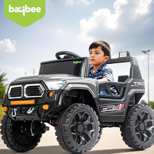 Image of Baybee Trojan Battery Operated Jeep for Kids with RGB Windshield Light, Bluetooth, USB & Music | Baby Big Ride on Battery Car| Electric Jeep Car for Kids to Drive for 2 to 6 Years Boys Girls (Grey)