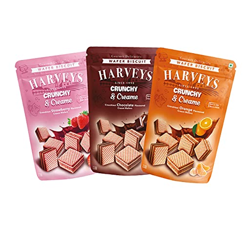 Image of Harveys Crunchy & Creame Premium Wafer Pouch | Chocolate, Orange & Vanilla Flavours | Pack of 3 | 120 gm x 3