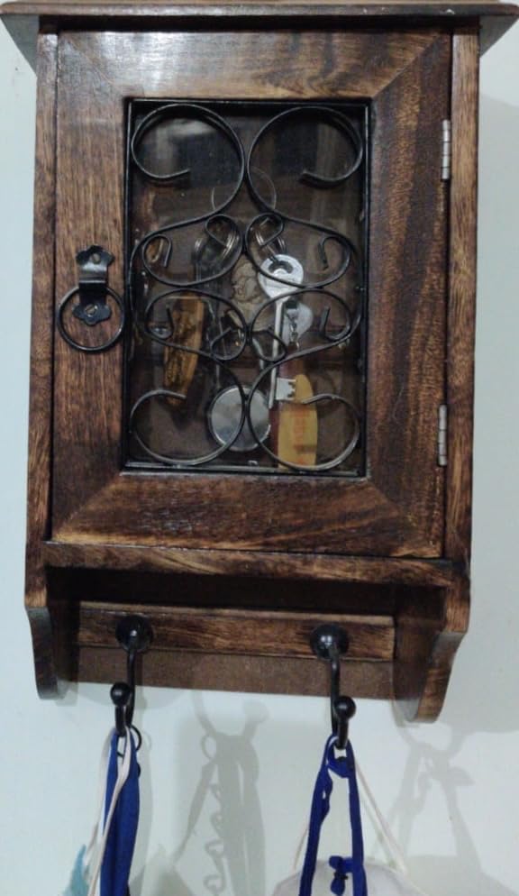 Rustic Wooden Key Holder Cabinet with Decorative Metal Door and Hooks, Wall Mounted Storage Organizer-image-27