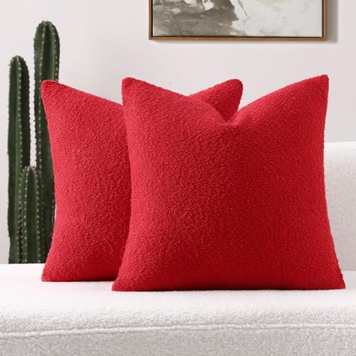 FUTEI Pack of 2 Red Decorative Throw Pillow Covers 26x26 Inch Soft Cozy Solid Boucle Textured Euro Pillow Shams,Modern Home Decor for Couch Bed Living Room