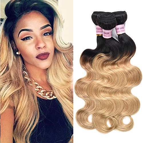 Aigemei Hair Virgin Remy Peruvian Hair 3 Bundles 18"20"22" With Ombre Black To Blonde Extensions And Ombre Two Tones Blonde Hair 1B/27 100g/Bundle