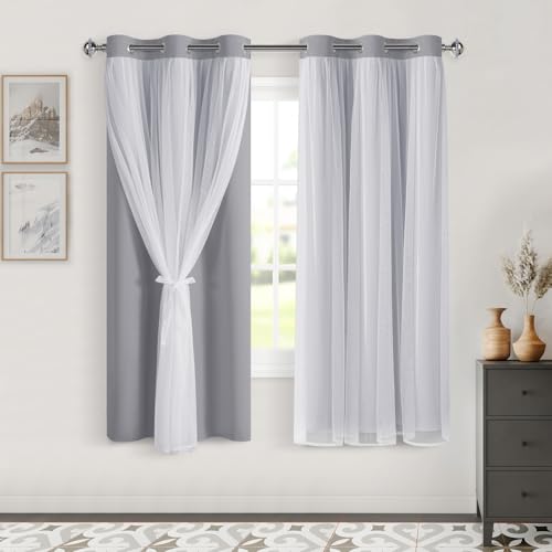 Image of DWCN Grey Blackout Curtains with Sheer Overlay with Tiebacks 63 Inch Long | Room Darkening Mix & Match Double Layer Window Panels for Bedroom Living Room Drape, Grommet Top, 38 inch Wx63 inch L, Set of 2