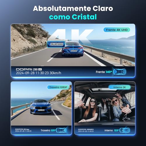 DDPAI Z60 Câmera Veicular 3 Canais, 4K+ 2K+ 1080P, WiFi 5GHz com GPS, 32G eMMC D²Save,Tela IPS de 3