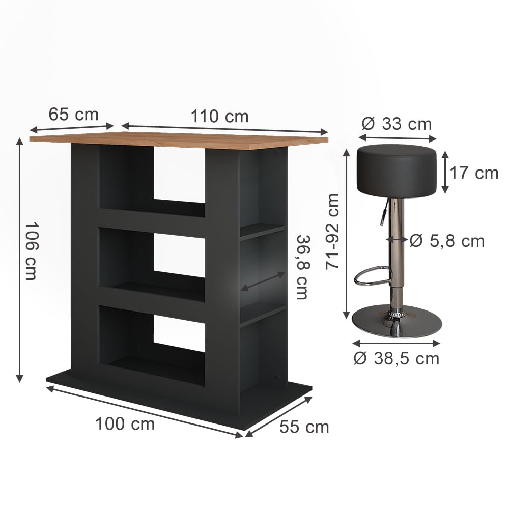 Vicco Set de Table de Bar Repose, Chêne doré/Anthracite, 110x65cm avec 2 tabourets de Bar, idéal comme Table Haute pour Cuisine, Salle à Manger ou bistrot