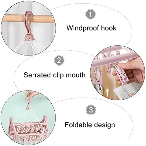 MENFENG Clothes Drying Hanger and Drip Foldable Hanging Sock Rack32 Clips  Multifunction clothes drying rackRotary Wind-sock hanger for washing linefor Socks, Underwear, Bras, Baby Clothes (Pink)