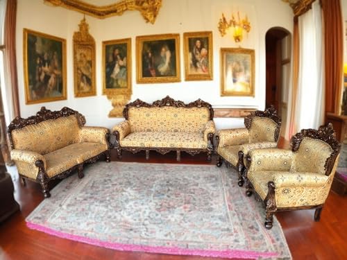 Image of Wooden 7 Seater Sofa Set | Solid Wood Hand-Carved Sofa 3+2+1+1 Traditional Carving Design Furniture for Living Room, Home, Office