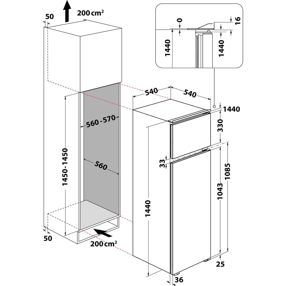 INDESIT D 2040 E - Frigorifero Combinato Doppia Porta 205L, Frigorifero da Incasso con 4 Ripiani e Cassetto, Frigo con Congelatore Integrato in Alto, Elettrodomestici Cucina Classe E, 54L x 144H x 54P
