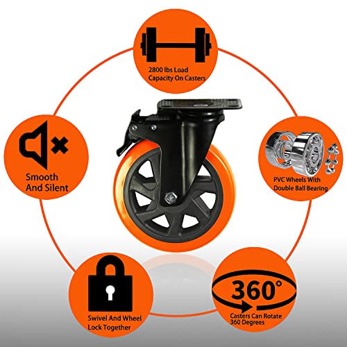 6 Inch Heavy Duty Swivel Casters, Load 2800 Lbs, Double Locking, Double Bearings, Individual Brake PVC Material, Set of 4