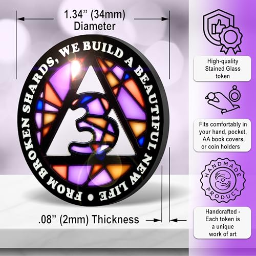Image of Stained Glass 3 Year AA Chip Sobriety Coin Medallion, Fragments to Freedom Alcoholics Anonymous Addiction Recovery Anniversary Token, Inspirational Sober Gifts for Men and Women by the Token Shop