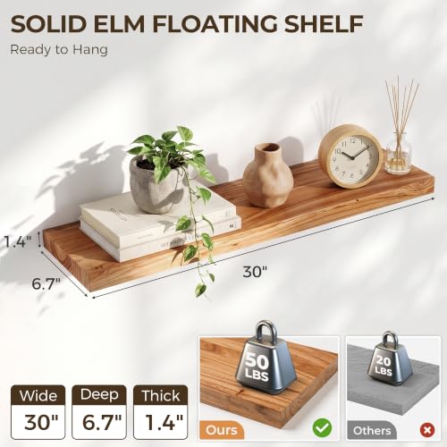 Image of Elm Floating Shelves for Wall - 30 in Rustic Solid Wood Shelves with Heavy-Duty Invisible Bracket, Wall-Mounted Wooden Shelf for Living Room, Bathroom, Kitchen Storage & Display, Set of 2, Natural