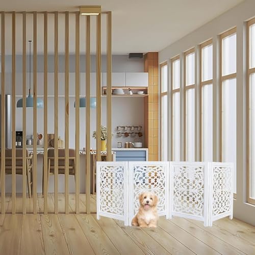 Image of Foldable Wooden Dog Gate with 4 Panels | Freestanding Pet Safety Barrier for Dogs & Puppies | Indoor Fence for Doorway, Stairs & Hallway | Portable Pet Gate (White)
