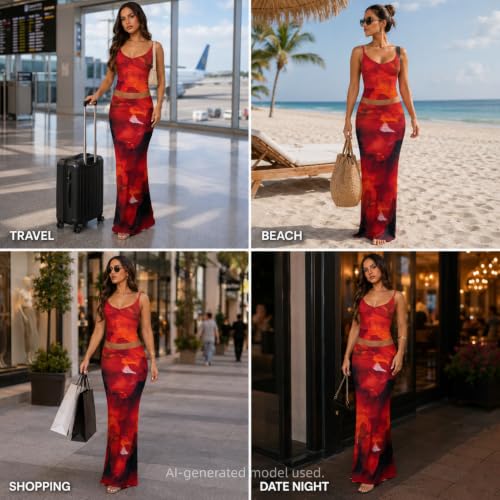 Image of Two Piece Skirt Set Women Maxi Long Skirt and Top Outfit | Soft stretchy 5 pc, slim bodycon, adjustable spaghetti straps, ruched crop tank, elastic waist, going out, beach vacation