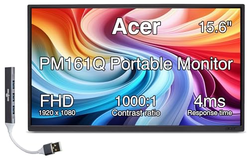 Image of Acer PM161Q 15.6 inch FHD IPS Portable Monitor with 4ms Response Time, Anti-Glare, 250 nits Brightness, VESA Mount (75mm), Mini HDMI & Dockztorm USB Port Expander, Black Color (UM.ZP1AA.103)