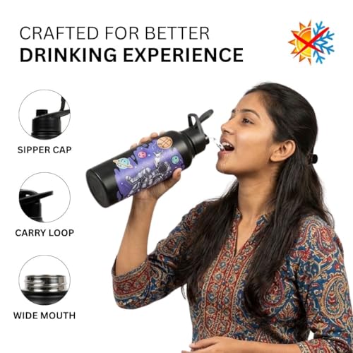 Image of VOIK Stainless Steel Printed Water Bottle 1000ml with UV Astronaut Print | Leakproof Water Bottle for Kids, Office, School, Gym, Sports & Travel | BPA Free, Rust Resistant (Astronaud Sipper 1000ml)