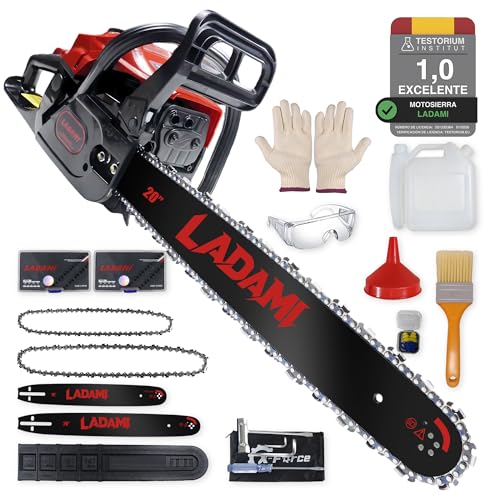 LADAMI Motosierra de gasolina 58CC profesional, motosierra de 2 tiempos, motor de 3,5 HP con espada de 20 y 16 pulgadas, 2 cadenas, sierra de gasolina para el cuidado de árboles, tala y jardinería.