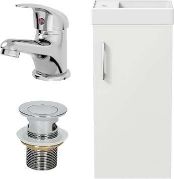400mm Bathroom Vanity Unit Ceramic Wash Sink Floorstanding Storage Cabinet Reversible Soft Close Cupboard & Essentials Basin Mixer Tap & Waste Set, White Gloss