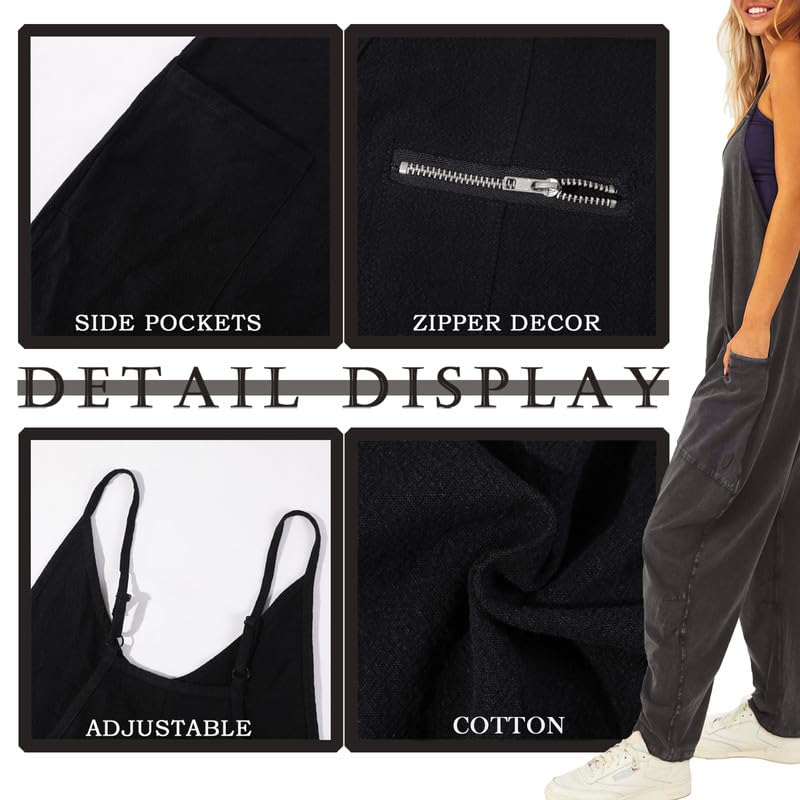 Litthing Salopette Femme Jambe Large Combinaison Pantalon Décontracté Avec Poches Ample Taille Fermeture Éclair Jumpsuit Bretelles Fines Grand Baggy Doux Confort Bodycon