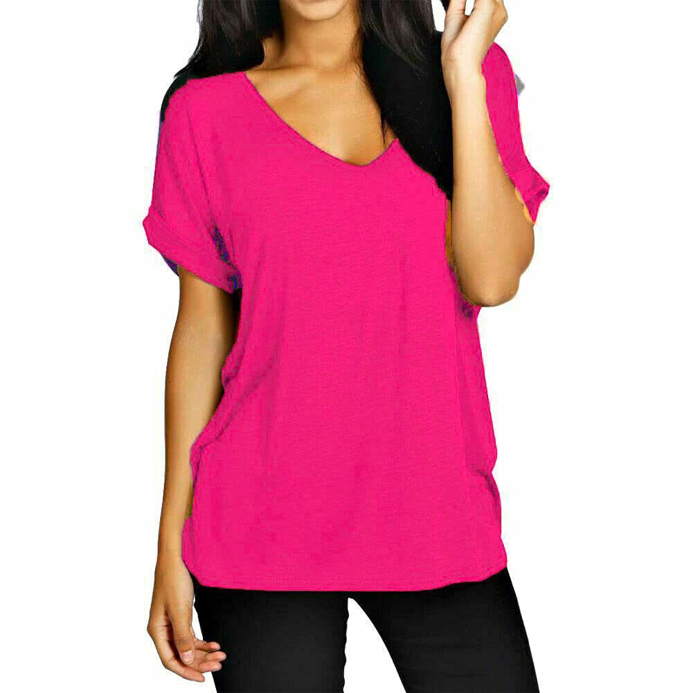 Fairy Boutique Women's Fuchsia Turn Up Sleeve V Neck T Shirt Oversized Baggy Batwing Top Plus Size T Shirt( Uk 20-22)