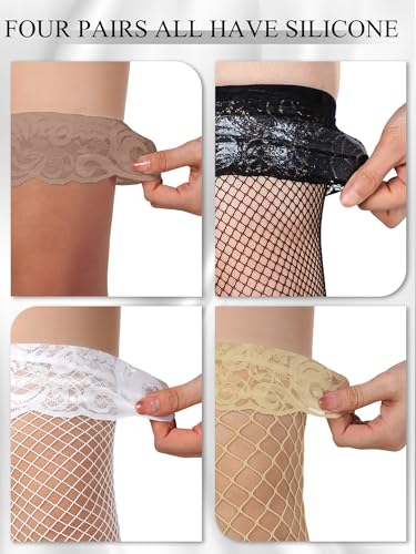 Image of Bencailor 4 /6 /12 Pairs Fishnet Thigh High Stocking for Women Silicone Lace Top Sheer Over Knee Stockings