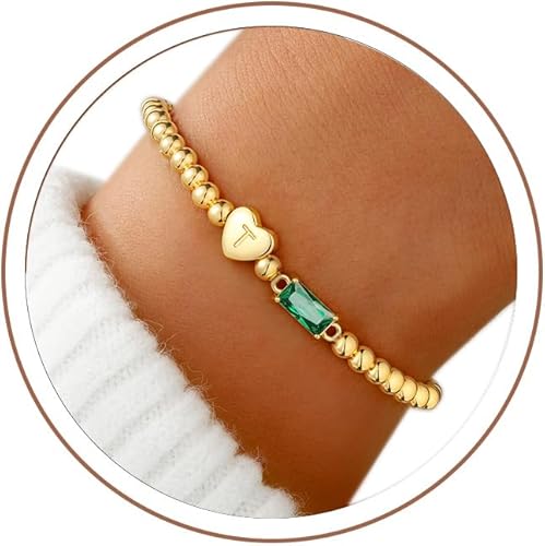 M MOOHAM Initial Beaded Bracelets for Women, Dainty 14K-Gold-Plated Heart Letter