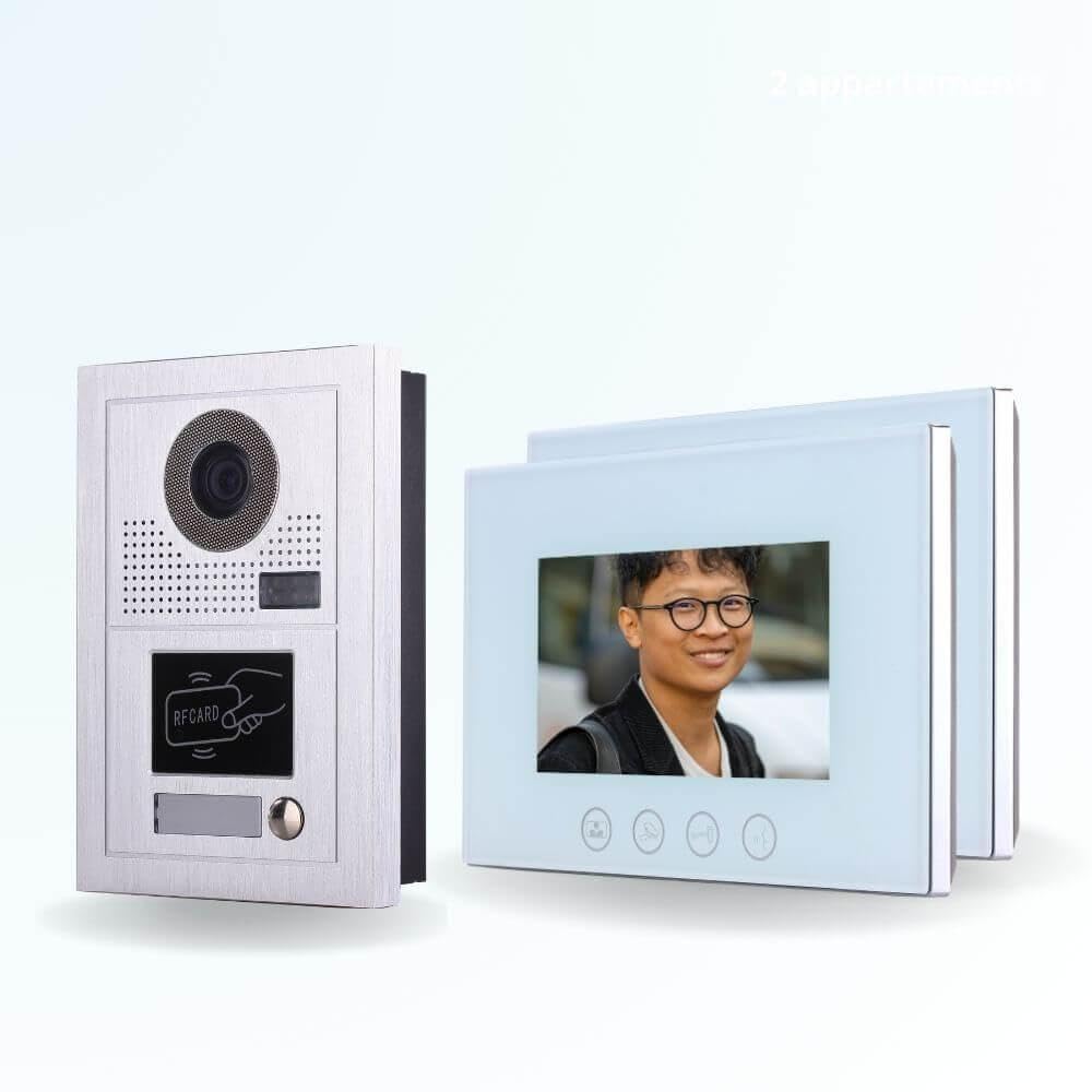 Portier interphone vidéo Classic-2 4 Fils - 2 écrans Blancs 7" - avec mémoire Photos - avec Lecteur de Badge