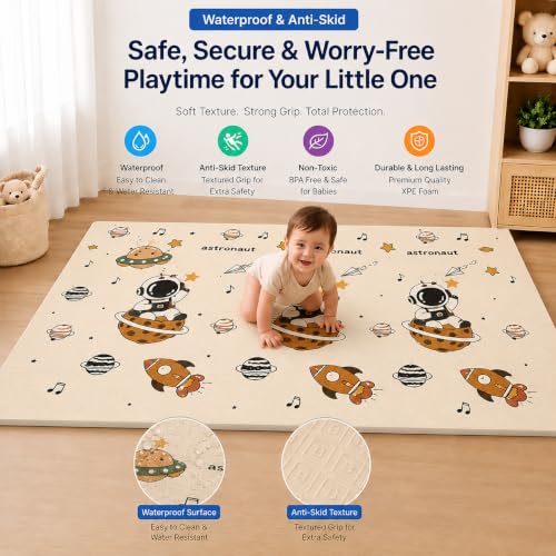 Image of TARKAN Extra Thick Reversible Baby Play Mat For Hard Floor, BIS Safety Certified, BPA Free Foldable Foam Crawling Mat (6.5x4.5 ft, 8mm Thickness) Astronaut - Parachute