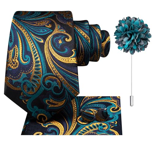 Image of Hi-Tie Men Silk Ties Set with Flower Lapel Pin Necktie Pocket Square Cufflinks for Tuxedo Wedding Business