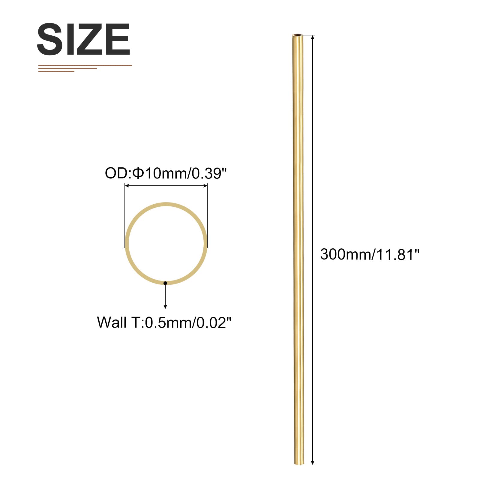 DTGN 10 mm x 0,5 mm x 300 mm (ODxWall TXL) mosiężna rurka - 1 opakowanie - dobra do wyposażenia maszynowego DIY dekoracyjna rama - okrągłe metalowe rurki