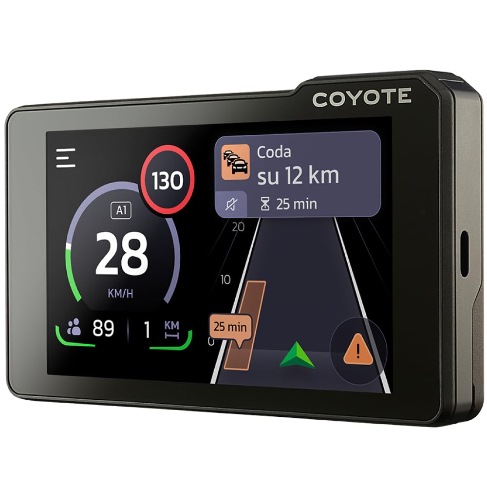 Coyote Max (Italia) – Assistente alla guida - Assistente vocale e schermo tattile da 4'' - Segnalazione superamento velocità - Controlli, pericoli, traffico e perturbazioni in tempo reale - Bluetooth