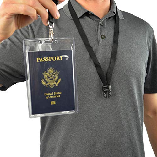 2 Pack - Clear Tear Resistant Passport ID Badge Holder with Open Top & Detachable Buckle Lanyard by Specialist ID (Black) - Thumbnail 5