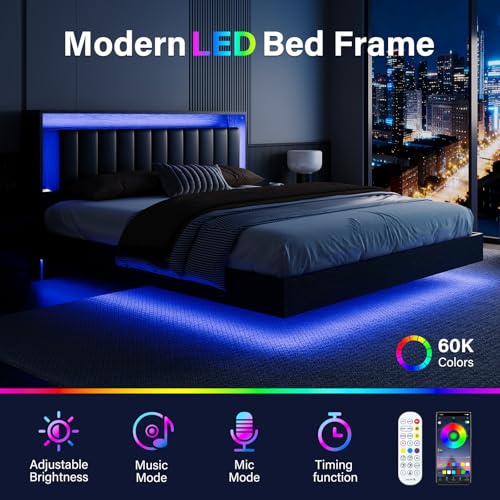 Belffin Queen Size Floating LED Bed Frame, Modern Bed with Storage, Black - Image 4