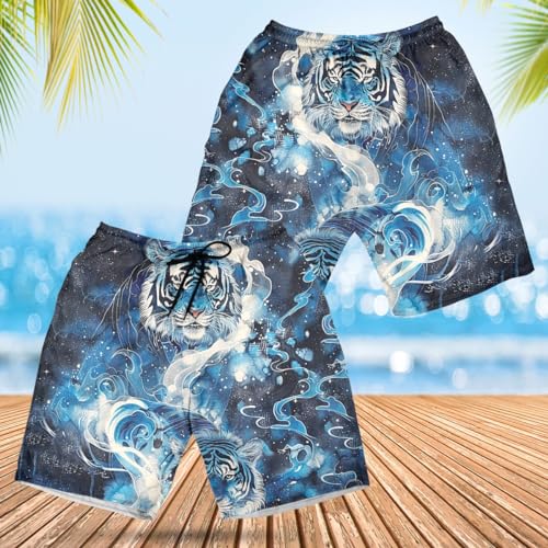 Tiger Lovers Men's Swim Trunks - Mighty Tiger Hawaiian Shorts for Men, Men's Summer Bathing Shorts Set 563