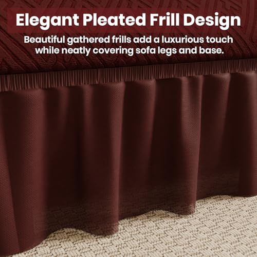 Image of Lukzer 1 Seater Jacquard Sofa Cover with 360 Frill Skirt - Pastel Deep Maroon Grid Maze | 240 GSM Stretchable Anti-Slip Fully Covered Universal Couch Cover for Living Room (90-140CM /SC-109-01F)