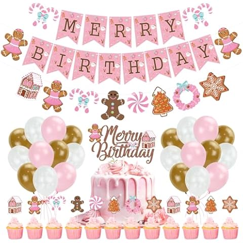 K KUMEED Pink Gingerbread Man Decorations,Christmas Merry Birthday Banner Cute Candy House Cake Topper Latex Balloons for Boys Girls Merry Birthday Birthday Party Supplies Baby Shower Cover