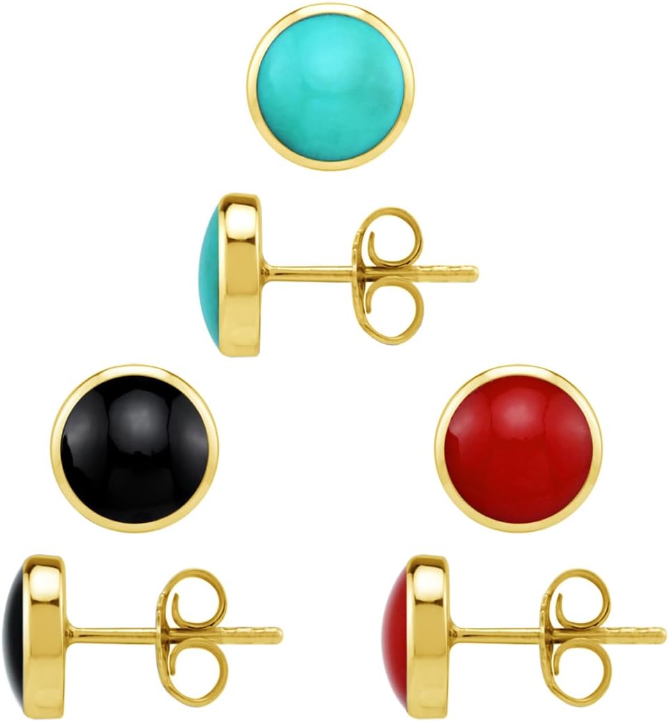 Silvershake 3-Pair Set 7MM Round Cabochon Gemstone White Gold Plated or Yellow Gold Plated 925 Sterling Silver Stud Earrings Jewelry for Women