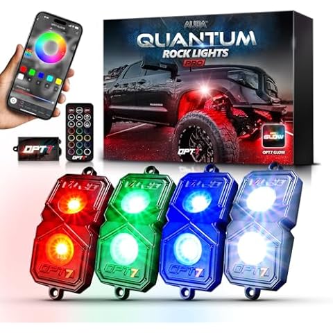 OPT7 Quantum Pro RGBW LED Rock Lights with Bluetooth APP and Remote Control, 4 Pods Wide Angle Multicolor Neon Underglow Lighting Kit with Extension Wire, IP68 Waterproof for Offroad Truck ATV UTV SUV Cover
