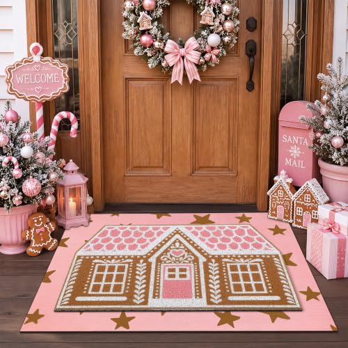 Drydiet Gingerbread Front Door Mat Non Slip Outdoor Porch Pink White
