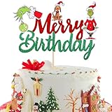1 PCS Green Monster Merry Birthday Cake Topper Assembled Glitter Xmas Dog Hand Merry Christmas Cake Pick for Christmas Theme Baby Shower Birthday Party Cake Decorations Supplies