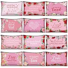 12 Pcs Valentines Day Christian Makeup Bags Bulk Inspirational Christian Gifts for Women Religious Canvas Bible Verses Flower Pencil Pouch Cosmetic Bag Gifts for Sisters in Christ Church