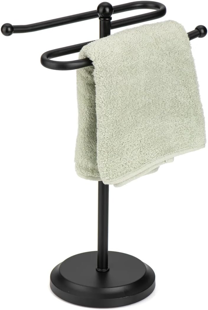 J&V TEXTILES Classical Steel Towel Rack Holder Stand with 2 Hanging Rings for Bathroom Vanity Countertops - Space Saving Hand Towel Holder (Brushed Satin Nickel)