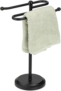 J&V TEXTILES Classical Steel Towel Rack Holder Stand with 2 Hanging Rings for Bathroom Vanity Countertops - Space Saving Hand Towel Holder Matte Black