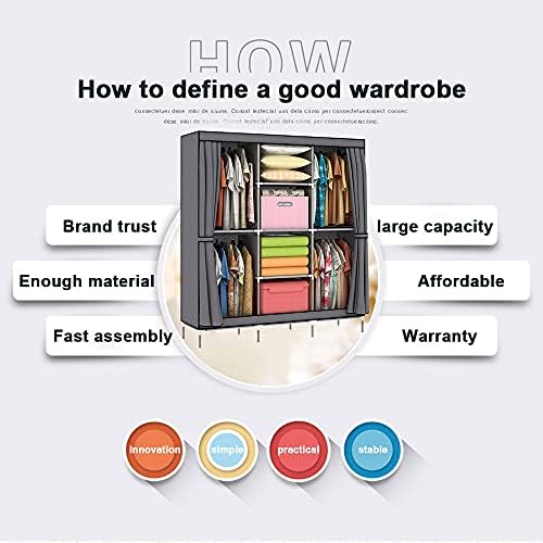 LOEFME Large Canvas Wardrobe Fabric Wardrobe Storage Organizer with Hanging Rail Shelving,Foldable Portable Closet Clothes Storage Cupboard Unit for Bedroom 175 x 130 x 45CM (Grey)