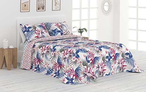 Liniva Home Colcha Bouti Reversible Cosida - Modelo Tropical - Azul, Cama 135 cm