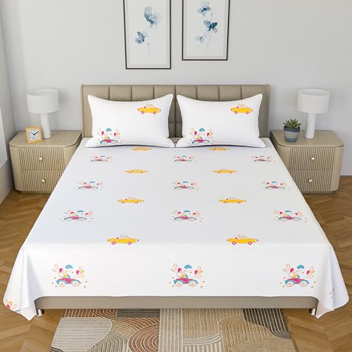 Image of LINENWALAS 100% Cotton Bed Sheet for Single Size Bed, Bunny Printed for Childrens with 1 Pillow Covers | 210 TC Soft, Breathable, Luxury Bedsheet (Bunny & Balloons, 60 x 90 Inches), Multicolour, Twin