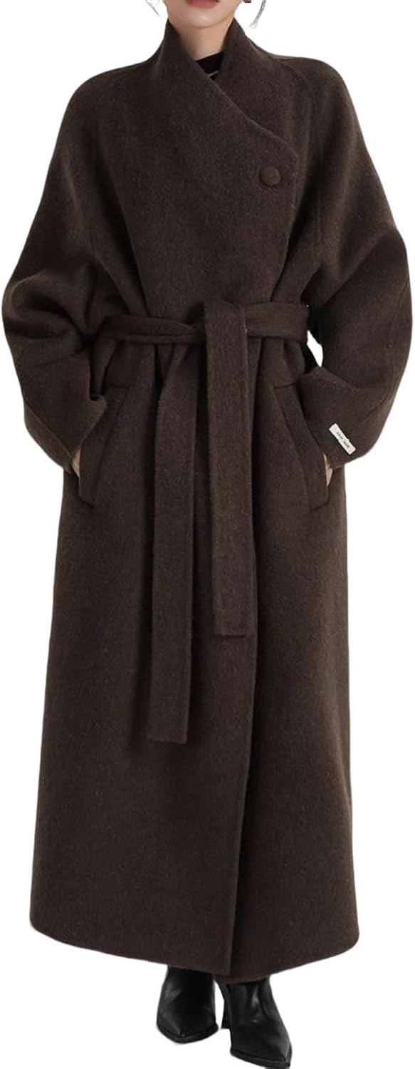 utcoco Women's Oversized Long Wool Coat Asymmetric Wrap Belted Trench Coat Fall Winter Overcoat with Pockets