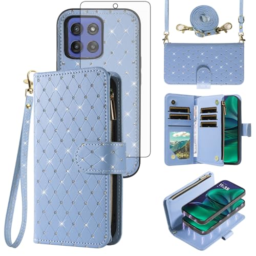 Asuwish Phone Case for Motorola Moto G Stylus 5G 2025 Zipper Wallet Detachable Magnetic Cell Cover with Screen Protector Crossbody Lanyard Strap Glitter Card Holder Slots G5 Women Girls Light Blue