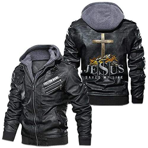 Jesus Saves Saved My Life God Believer |Custom Name|Men Black Brown Leather Jacket Coat With Removable Hood
