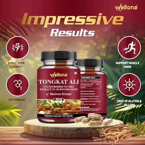 Image of Tongkat Ali Supplement Root Extract 400mg Capsules, 2% Eurycomanone Herbal Supplement for Men | Standardized to 100:1 | Maximum Strength (60 Veg Capsules) (Pack of 3)