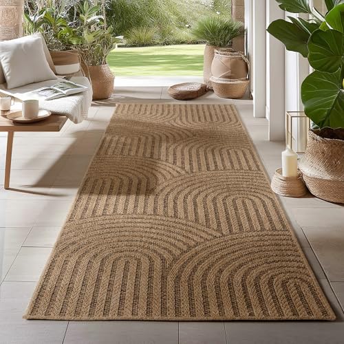 Carpetsale24 Outdoor Teppich Läufer 80x250 cm Beige Wetterfest Pflegeleicht im natürlichen Jute-Look für Flur Eingang Küche Wohnzimmer Terrasse Balkon Garten
